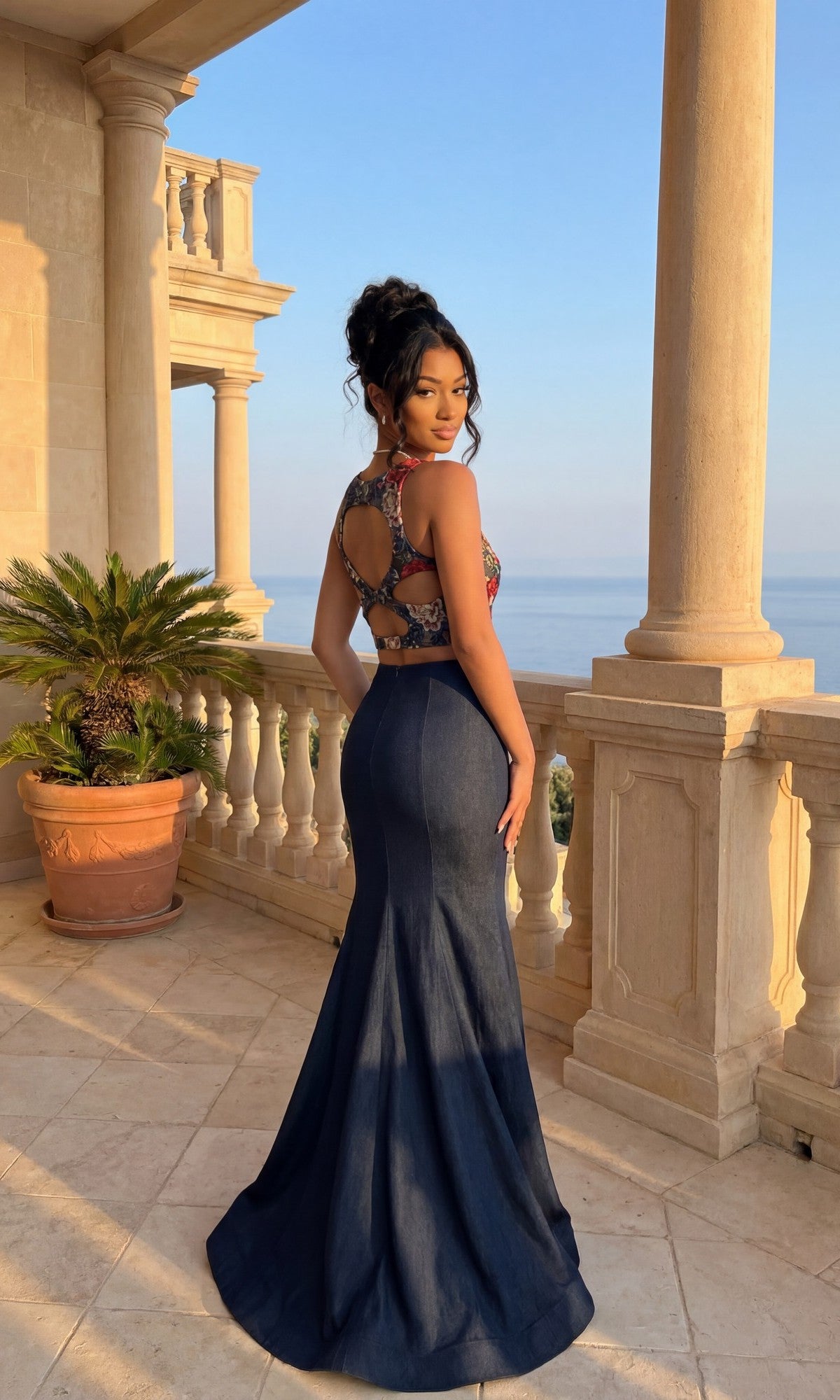 A woman in the La Femme 25614 Long Prom Dress, featuring a striking two-piece mermaid silhouette, stands on a sunny terrace with stone columns, gazing out over the sea.